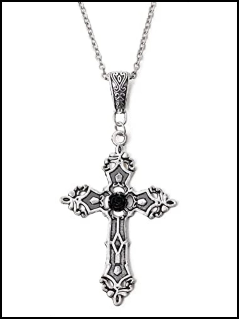 Gothic Cross Necklace with Black Rose Pendant, Zinc Alloy, Vintage Style